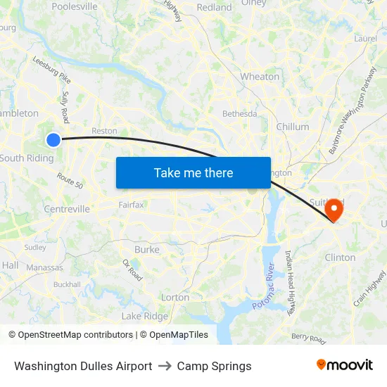 Washington Dulles Airport to Camp Springs map