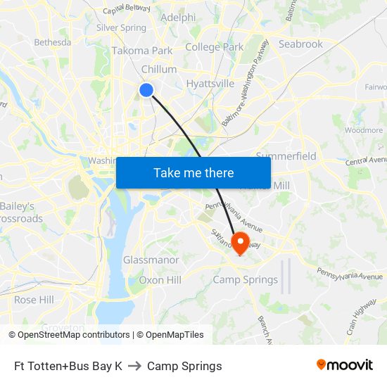 Fort Totten+Bay K to Camp Springs map