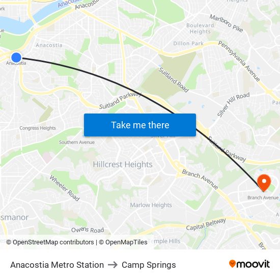 Anacostia Metro Station to Camp Springs map