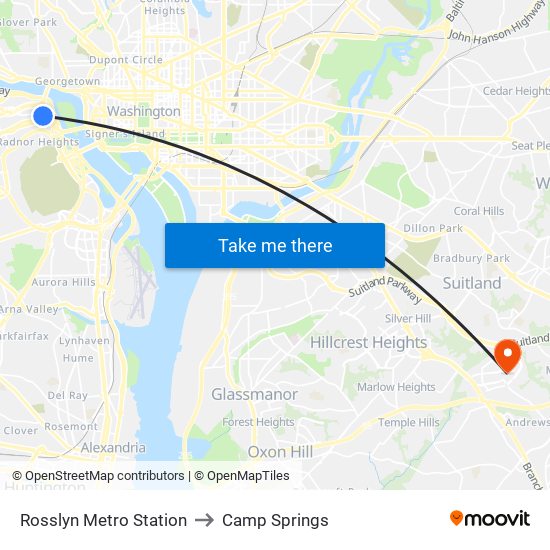 Rosslyn Metro Station to Camp Springs map