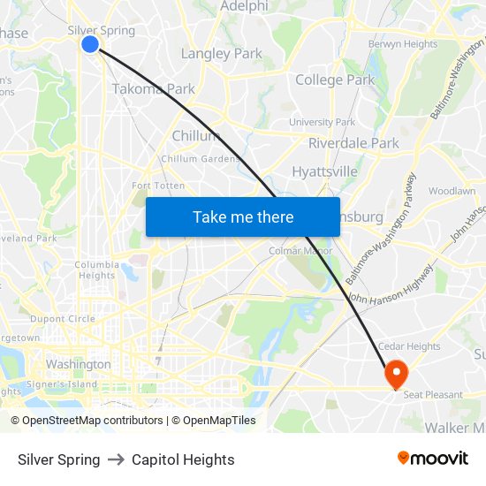 Silver Spring to Capitol Heights map