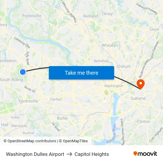 Washington Dulles Airport to Capitol Heights map