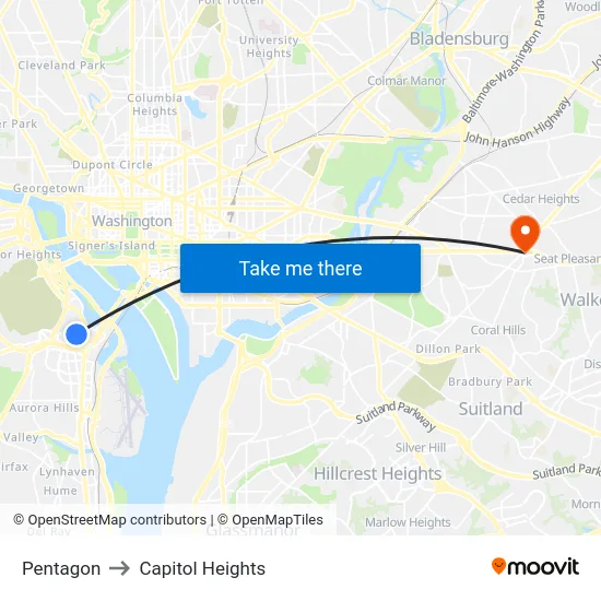 Pentagon to Capitol Heights map