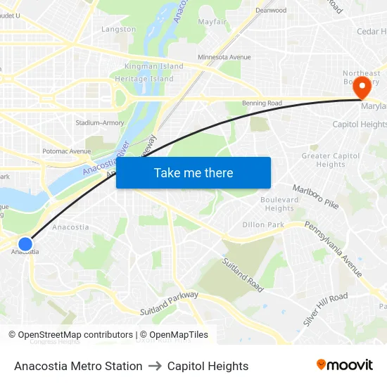 Anacostia Metro Station to Capitol Heights map