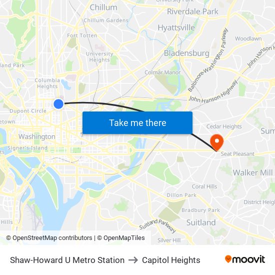 Shaw-Howard U Metro Station to Capitol Heights map