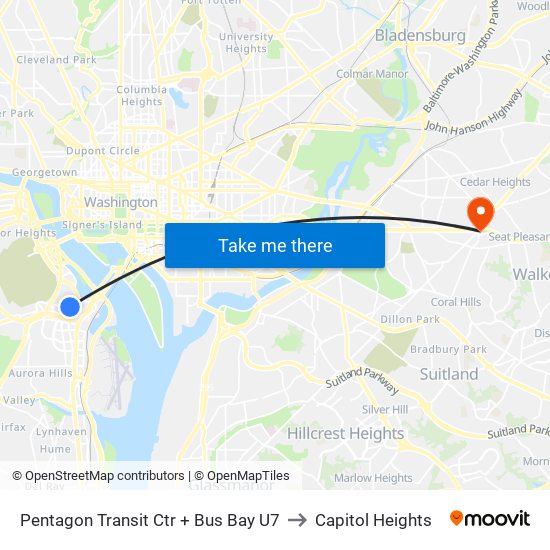 Pentagon Transit Ctr + Bus Bay U7 to Capitol Heights map