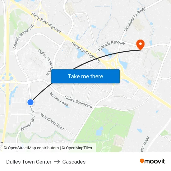 Dulles Town Center to Cascades map