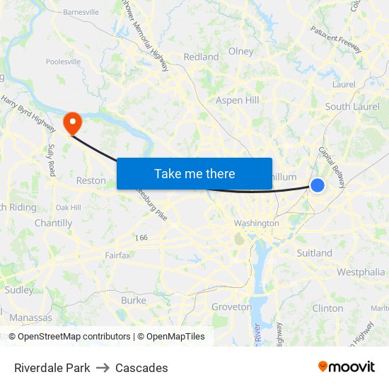 Riverdale Park to Cascades map