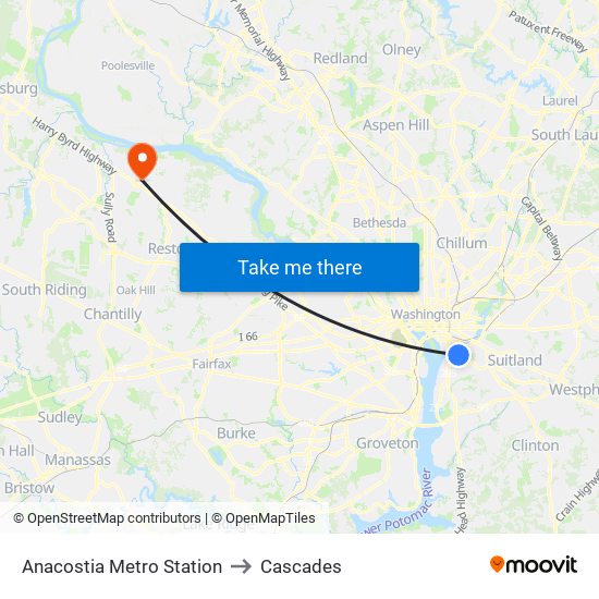 Anacostia Metro Station to Cascades map