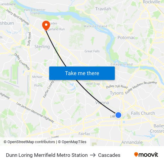 Dunn Loring Merrifield Metro Station to Cascades map