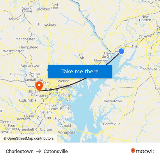 Charlestown to Catonsville map