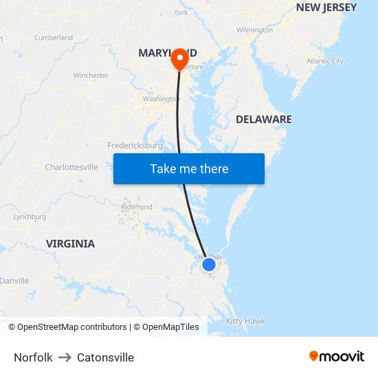 Norfolk to Catonsville map