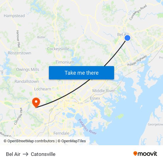 Bel Air to Catonsville map