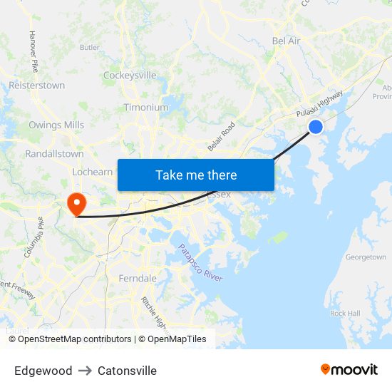 Edgewood to Catonsville map