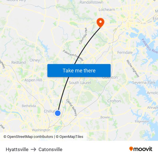 Hyattsville to Catonsville map