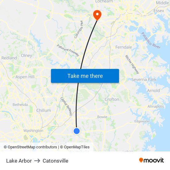 Lake Arbor to Catonsville map