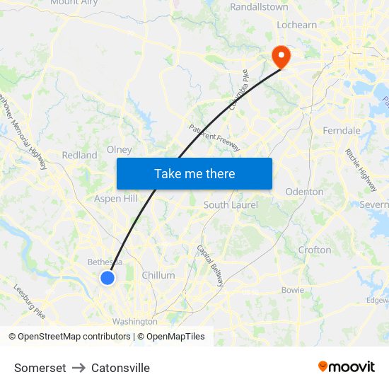 Somerset to Catonsville map