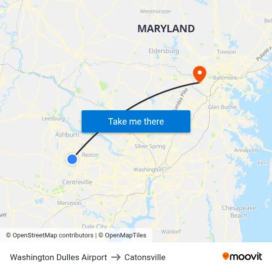 Washington Dulles Airport to Catonsville map