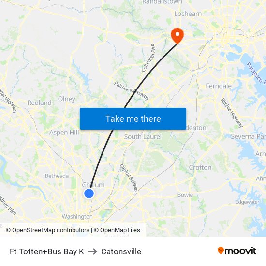 Fort Totten+Bay K to Catonsville map