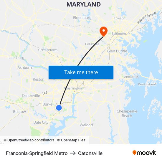 Franconia-Springfield Metro to Catonsville map