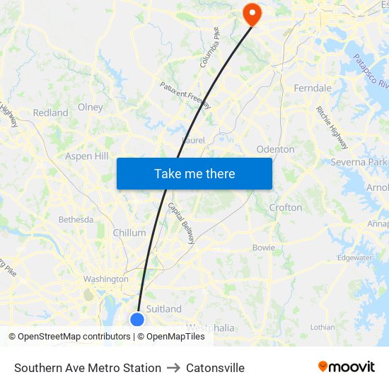 Southern Ave Metro Station to Catonsville map