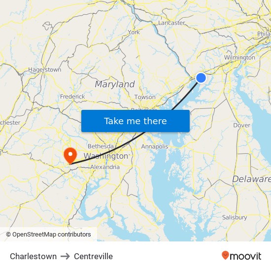 Charlestown to Centreville map