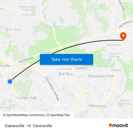 Gainesville to Centreville map