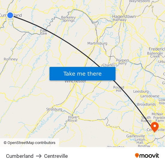 Cumberland to Centreville map