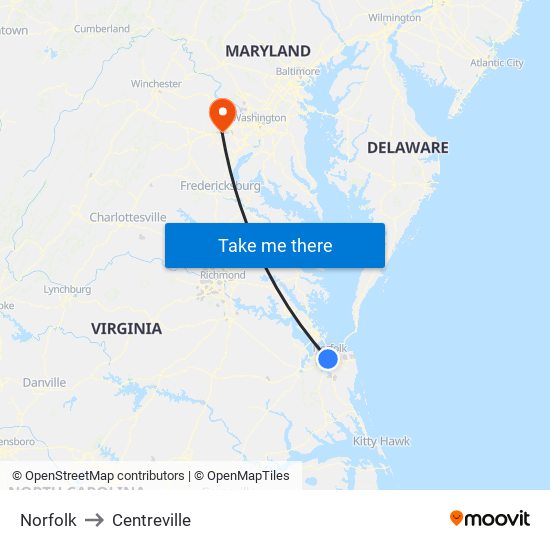 Norfolk to Centreville map