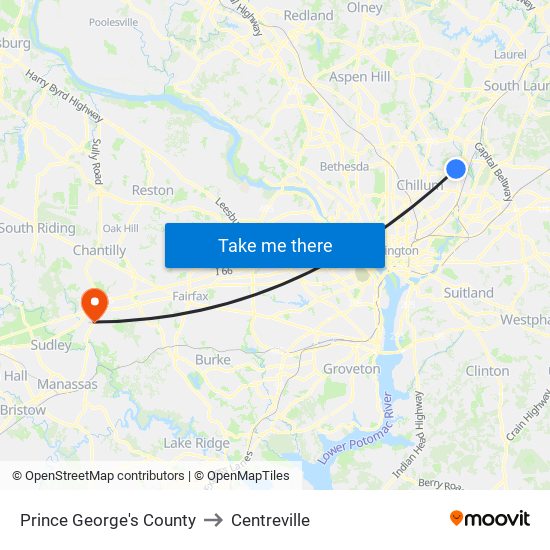 Prince George's County to Centreville map