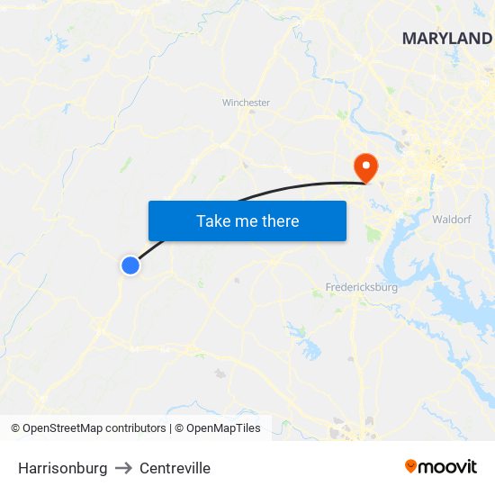 Harrisonburg to Centreville map