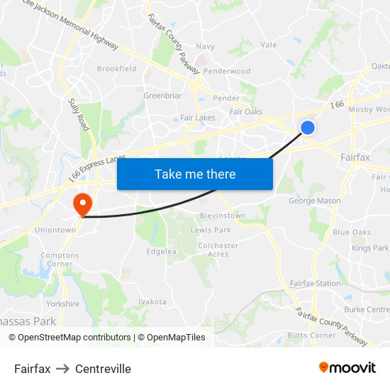 Fairfax to Centreville map