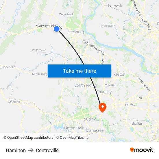 Hamilton to Centreville map