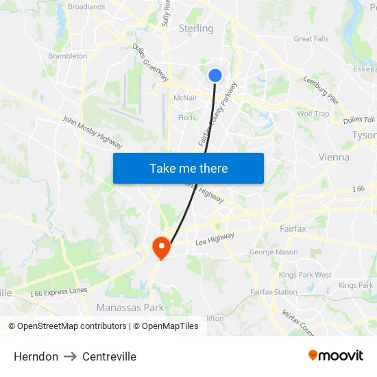 Herndon to Centreville map