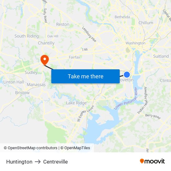 Huntington to Centreville map