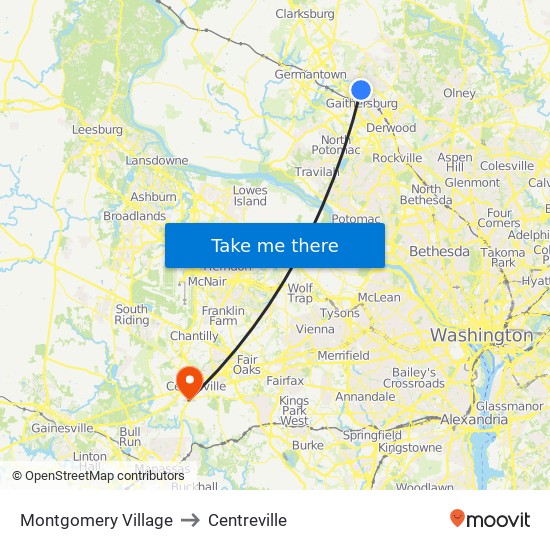 Montgomery Village to Centreville map