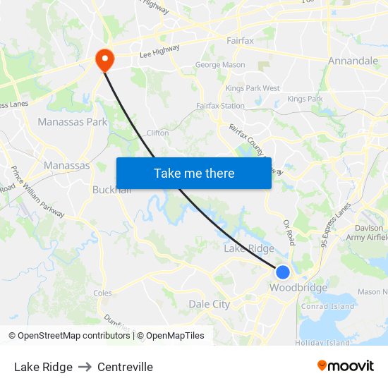 Lake Ridge to Centreville map