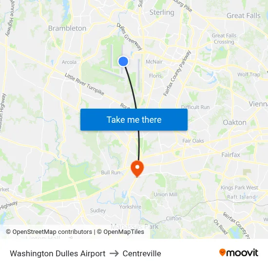 Washington Dulles Airport to Centreville map
