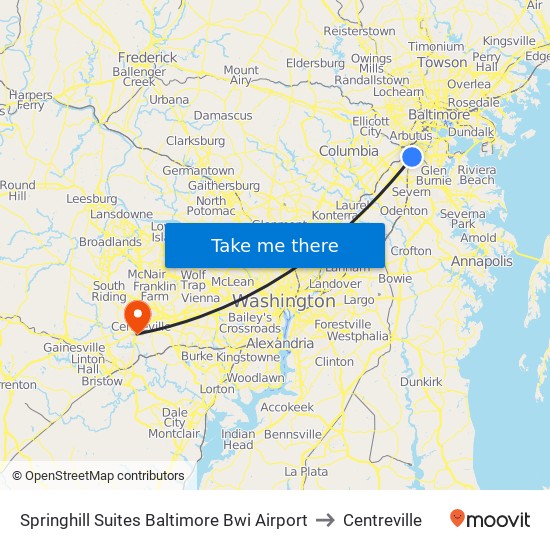 Springhill Suites Baltimore Bwi Airport to Centreville map