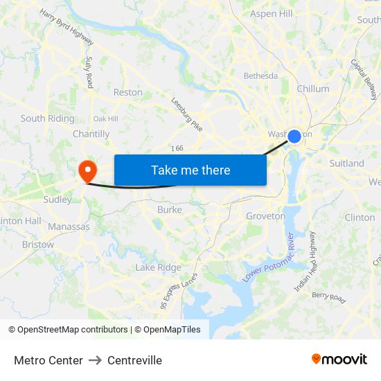 Metro Center to Centreville map