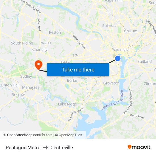 Pentagon Metro to Centreville map