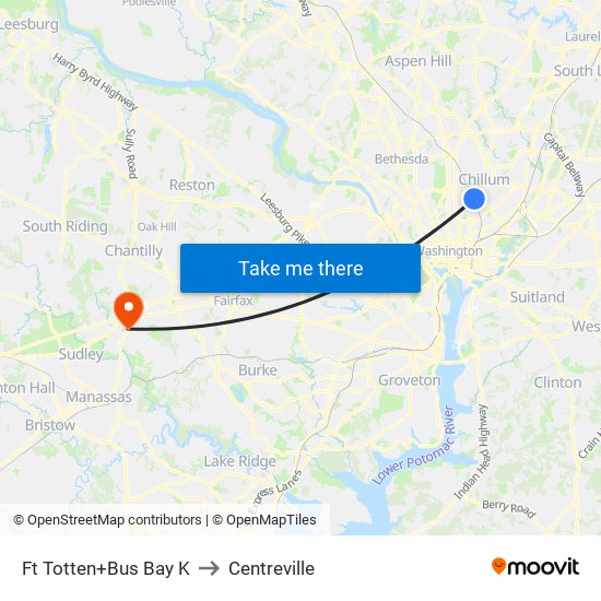 Fort Totten+Bay K to Centreville map