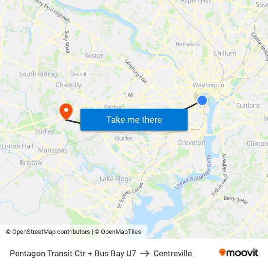 Pentagon Transit Ctr + Bus Bay U7 to Centreville map
