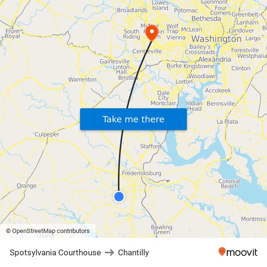 Spotsylvania Courthouse to Chantilly map