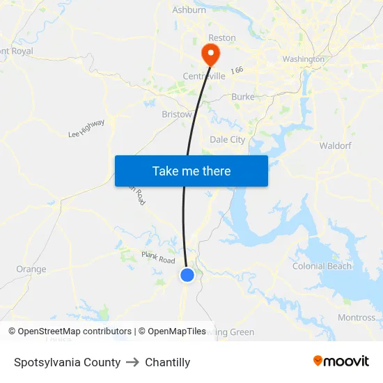 Spotsylvania County to Chantilly map