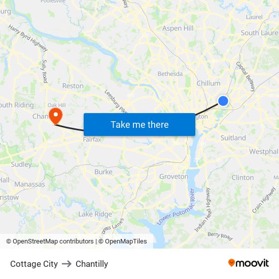 Cottage City to Chantilly map