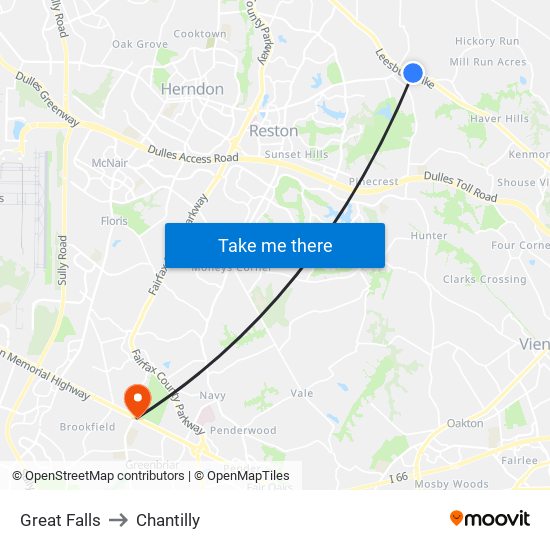 Great Falls to Chantilly map