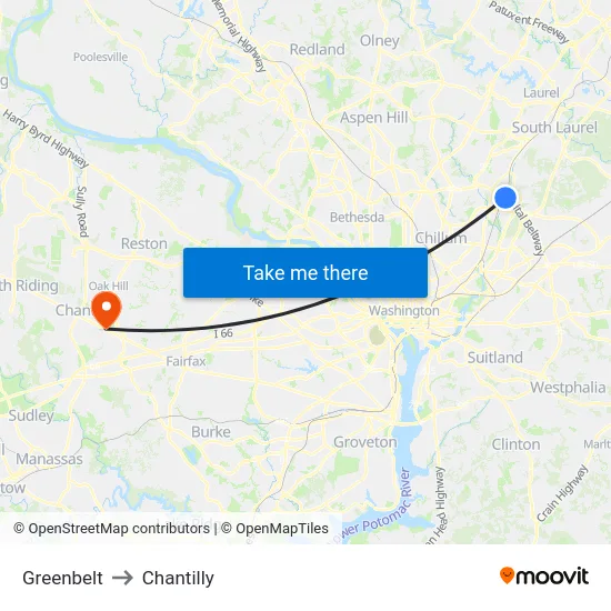Greenbelt to Chantilly map