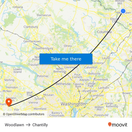 Woodlawn to Chantilly map