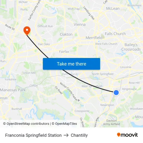 Franconia Springfield Station to Chantilly map